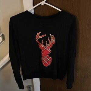 Black Small Juniors Sweater with Red Plaid Deer Design